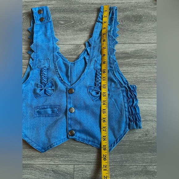 Kawaii unbranded bow detail panda snap button smocked bright blue jean vest M - Picture 10 of 10